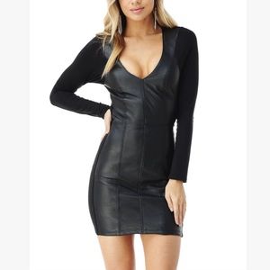 SKY Brand - Genuine Leather Panel Sexy Bodycon Long Sleeve Black Mini Dress